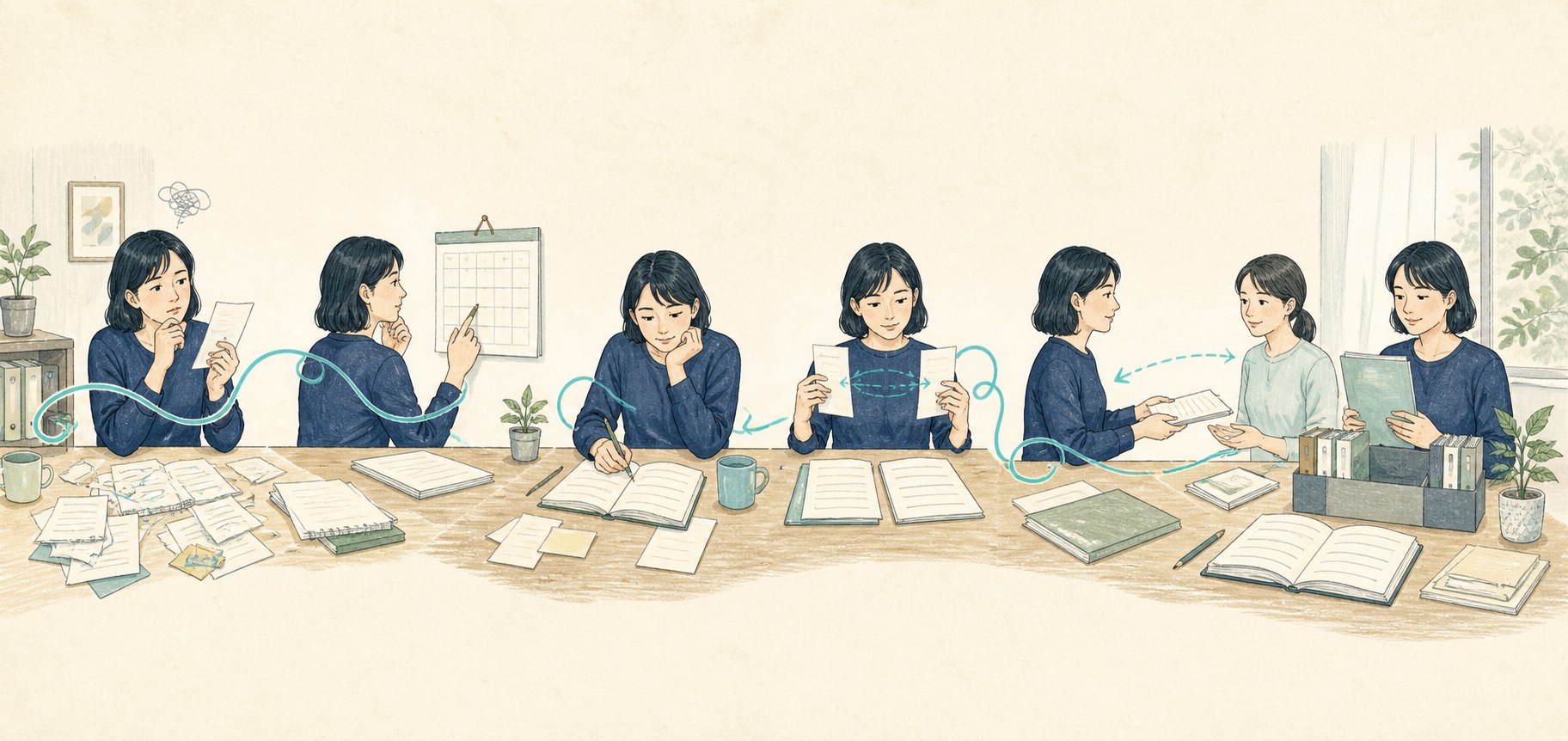 散らかった記録から、いま必要な情報へ整理されていく様子を描いたイラスト