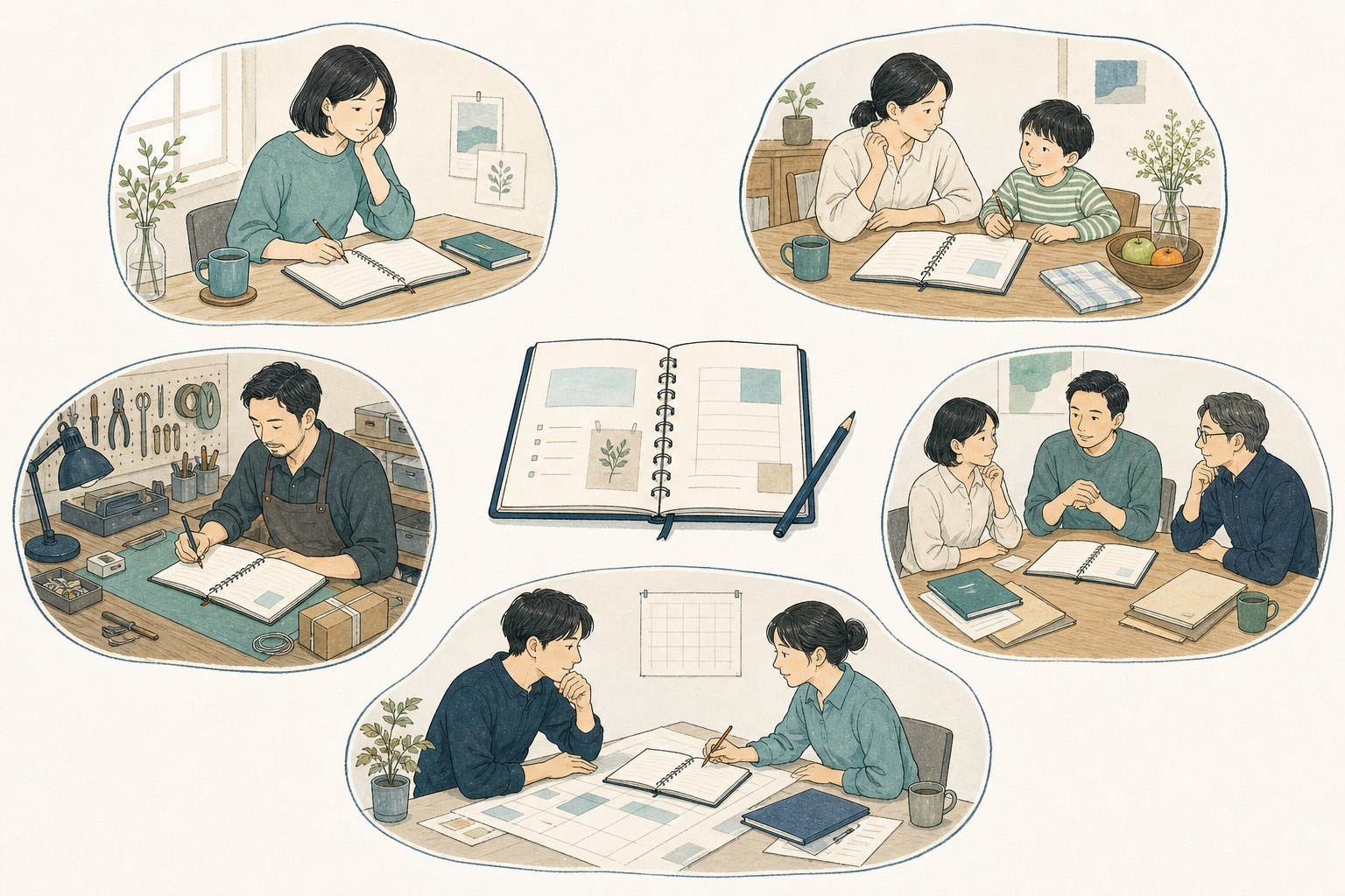 個人、家庭、個人事業、組織、プロジェクトの5つの場面で記録を使い分けるイラスト