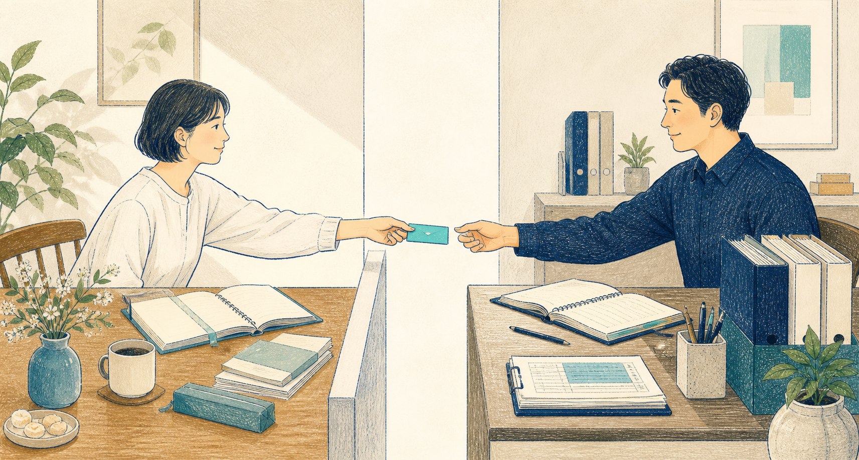 自分の記録と相手の記録を分け、必要な一枚だけを渡しているイラスト